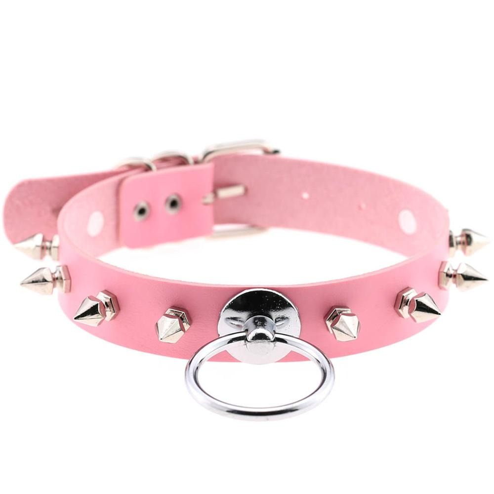 Unisex pink PU leather punk choker with metal spikes and ring, perfect for edgy looks and adjustable fit.
