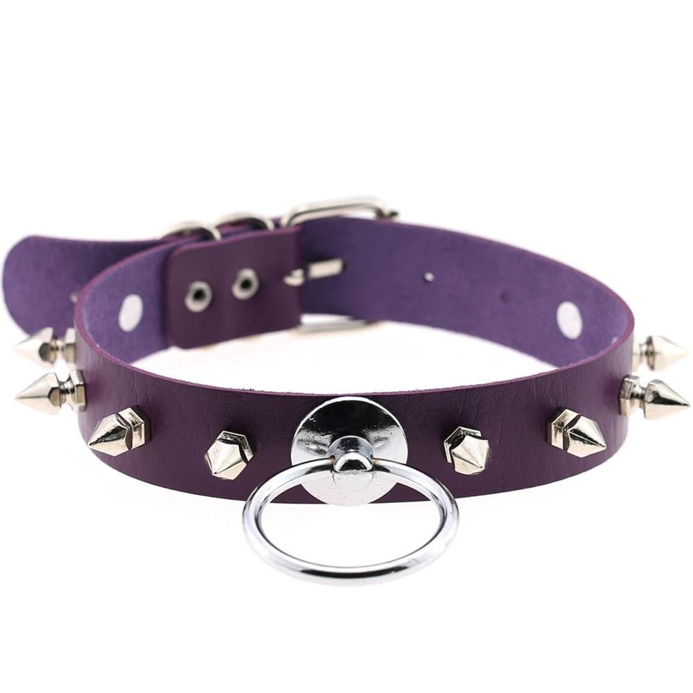 Unisex PU leather punk choker in purple with metal spikes and circular ring, perfect for adding edge to any outfit.