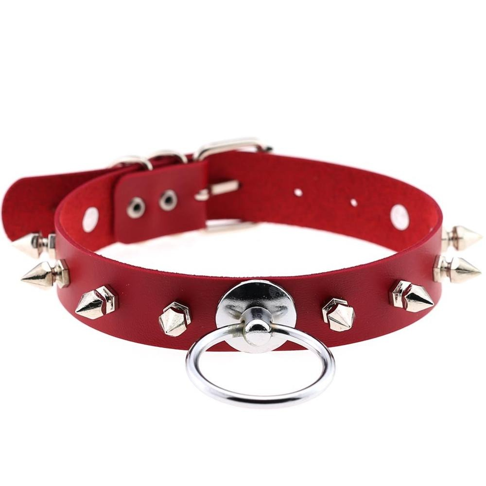 Unisex red PU leather punk choker with metal spikes and ring, perfect accessory for edgy outfits.