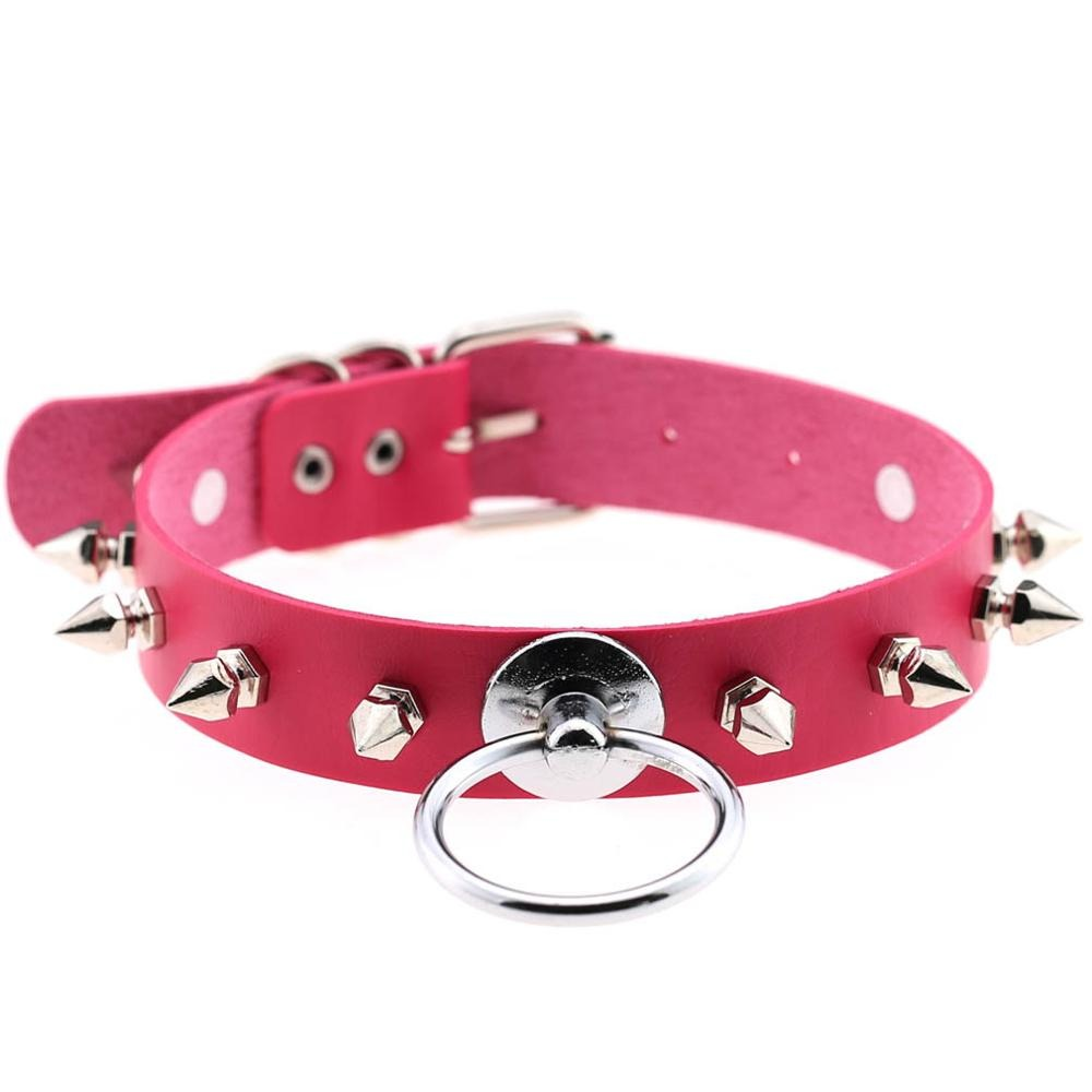 Unisex pink PU leather punk choker with metal spikes and ring, perfect for adding a fierce touch to any outfit.