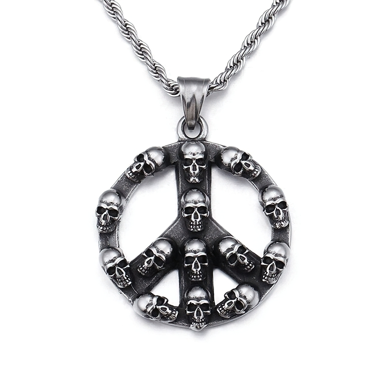 Unisex retro pendant featuring a peace symbol adorned with skulls, crafted from durable titanium steel for a gothic look.