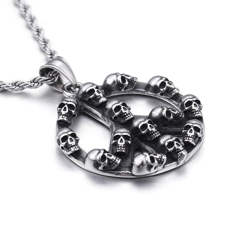 Unisex stainless steel pendant featuring skulls in a peace symbol design, perfect gothic accessory for unique style.