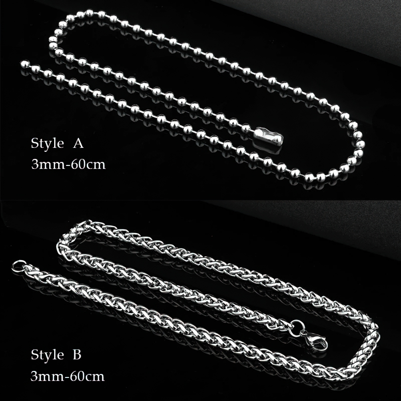 Unisex titanium steel chains in two styles: Style A beaded and Style B braided, available in various lengths.