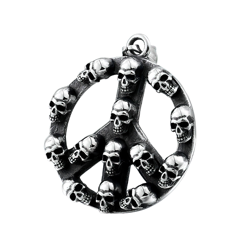 Unisex retro pendant featuring peace symbol adorned with skulls, crafted from stainless steel for a gothic style.