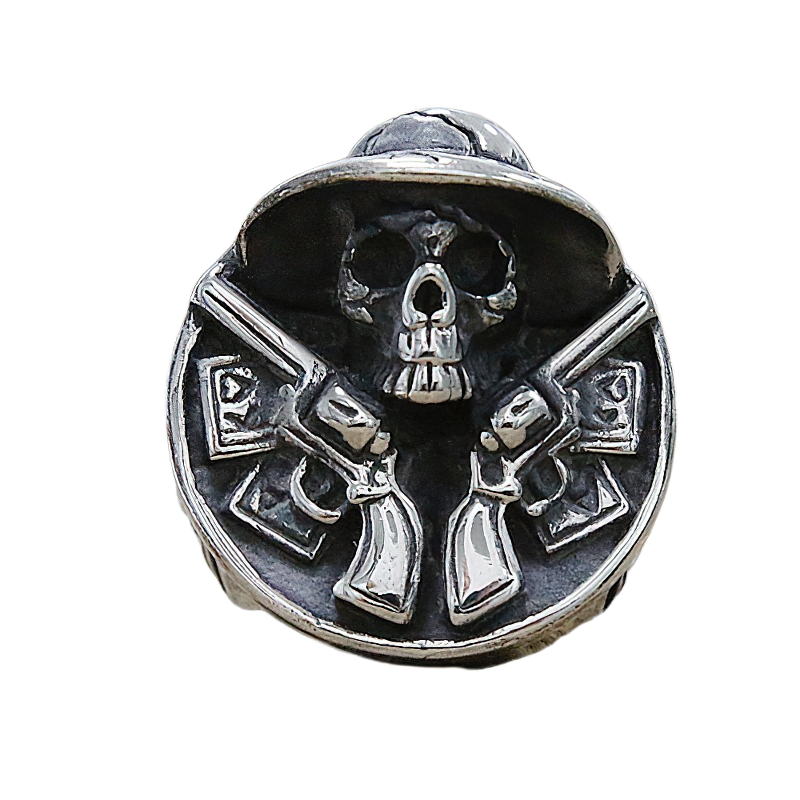 Stylish unisex stainless steel ring featuring a cowboy skull and dual revolvers for gothic jewelry lovers.