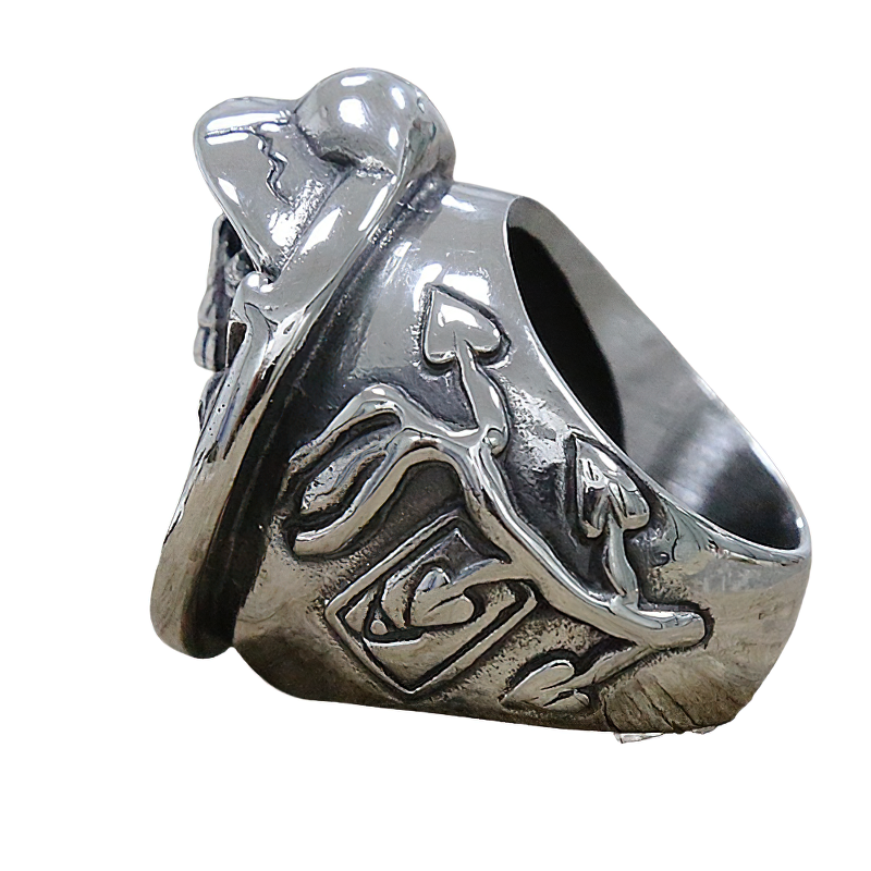 Stylish unisex stainless steel ring featuring a cowboy skull and double gun design, perfect for gothic fashion.