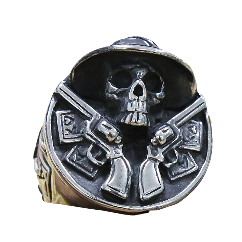 Stylish unisex stainless steel ring featuring a cowboy skull and double gun revolver design, perfect for gothic jewelry lovers.