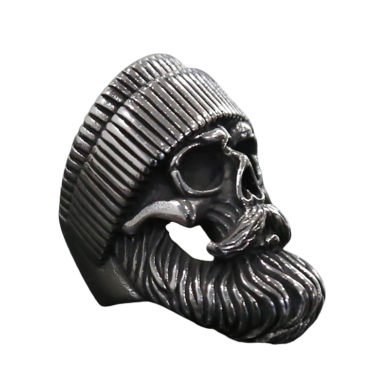 Unisex stainless steel skull ring with beard and hat, perfect for bikers and stylish accessories.