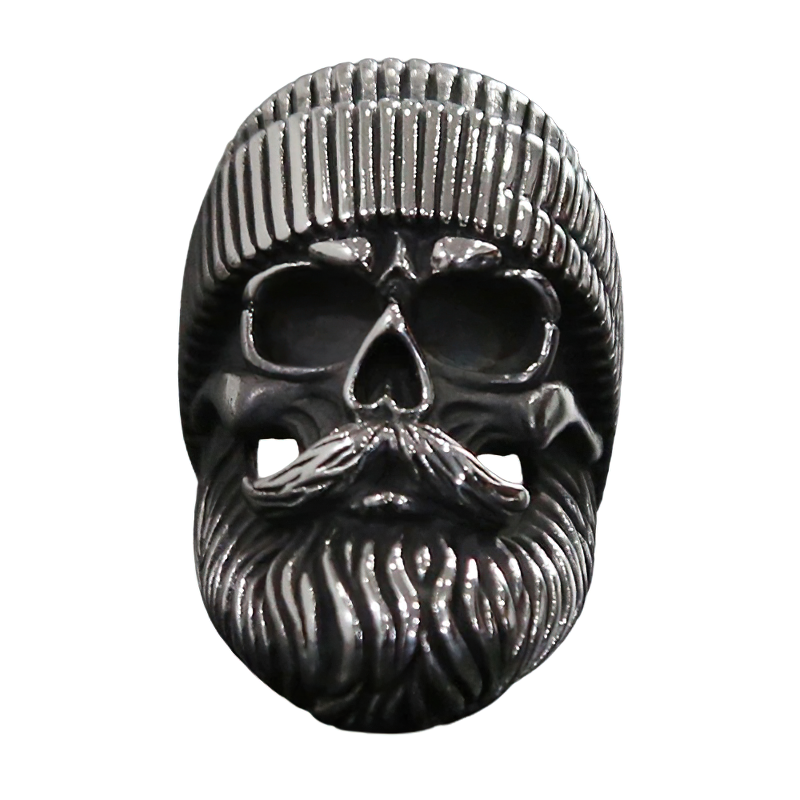 Stainless steel unisex skull ring featuring a big beard and hat, perfect for bikers and edgy fashion.