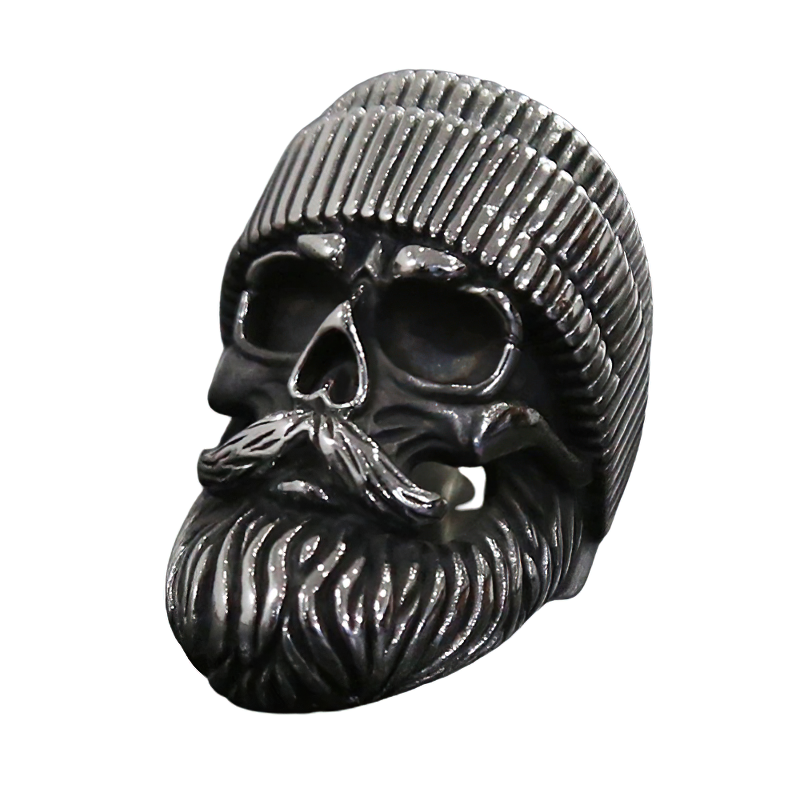 Unisex skull ring with a big beard and hat, crafted in stainless steel biker style jewelry.