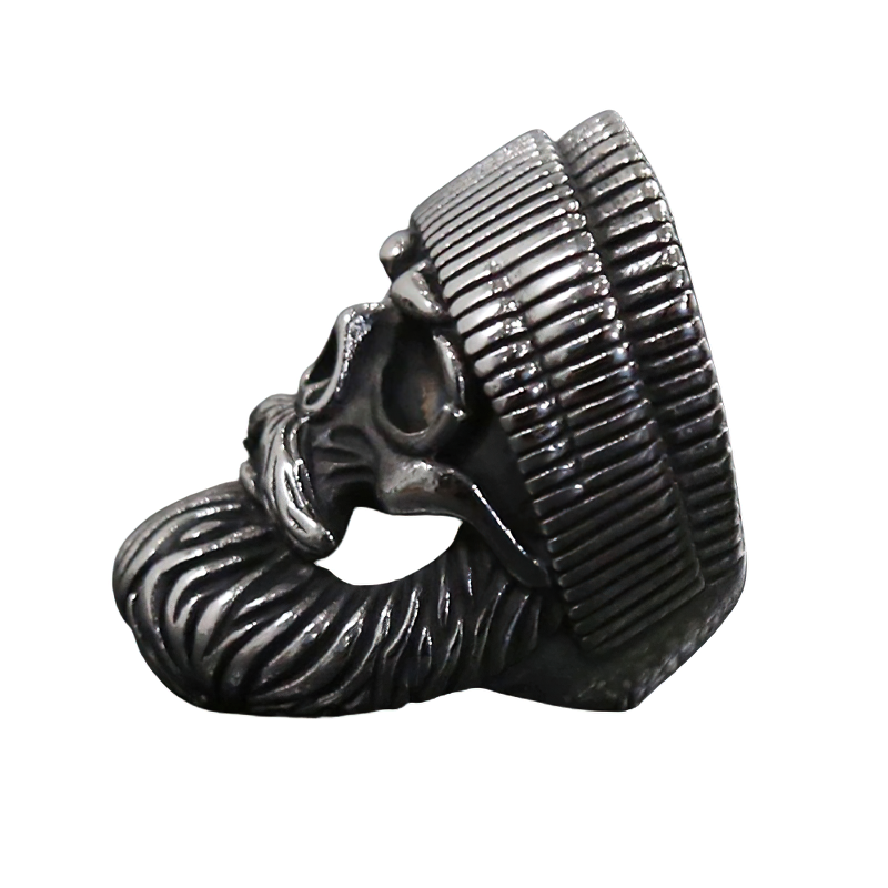 Unisex skull ring with beard and hat made of stainless steel, perfect biker jewelry accessory.