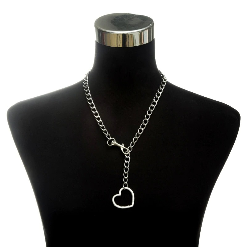 Unisex silver chain choker necklace with heart lock pendant, perfect for gothic and alternative fashion styles.
