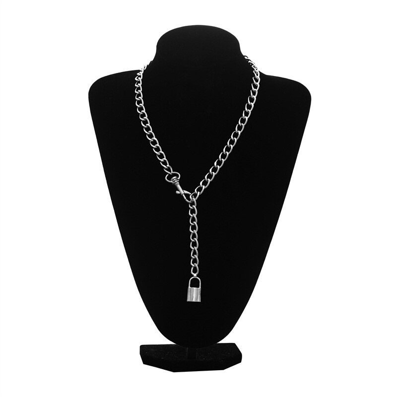 Unisex silver chain choker necklace featuring a stylish lock, perfect for gothic and alternative fashion looks.