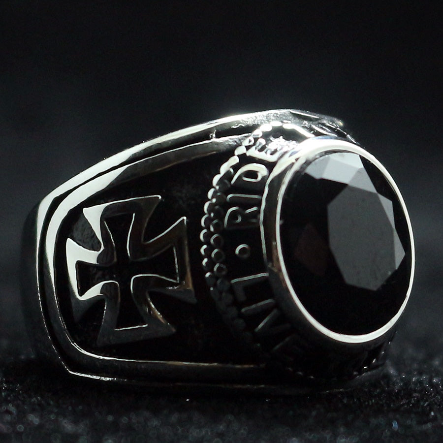 Unisex stainless steel biker ring featuring a black stone and cross design, perfect for trendy jewelry lovers.