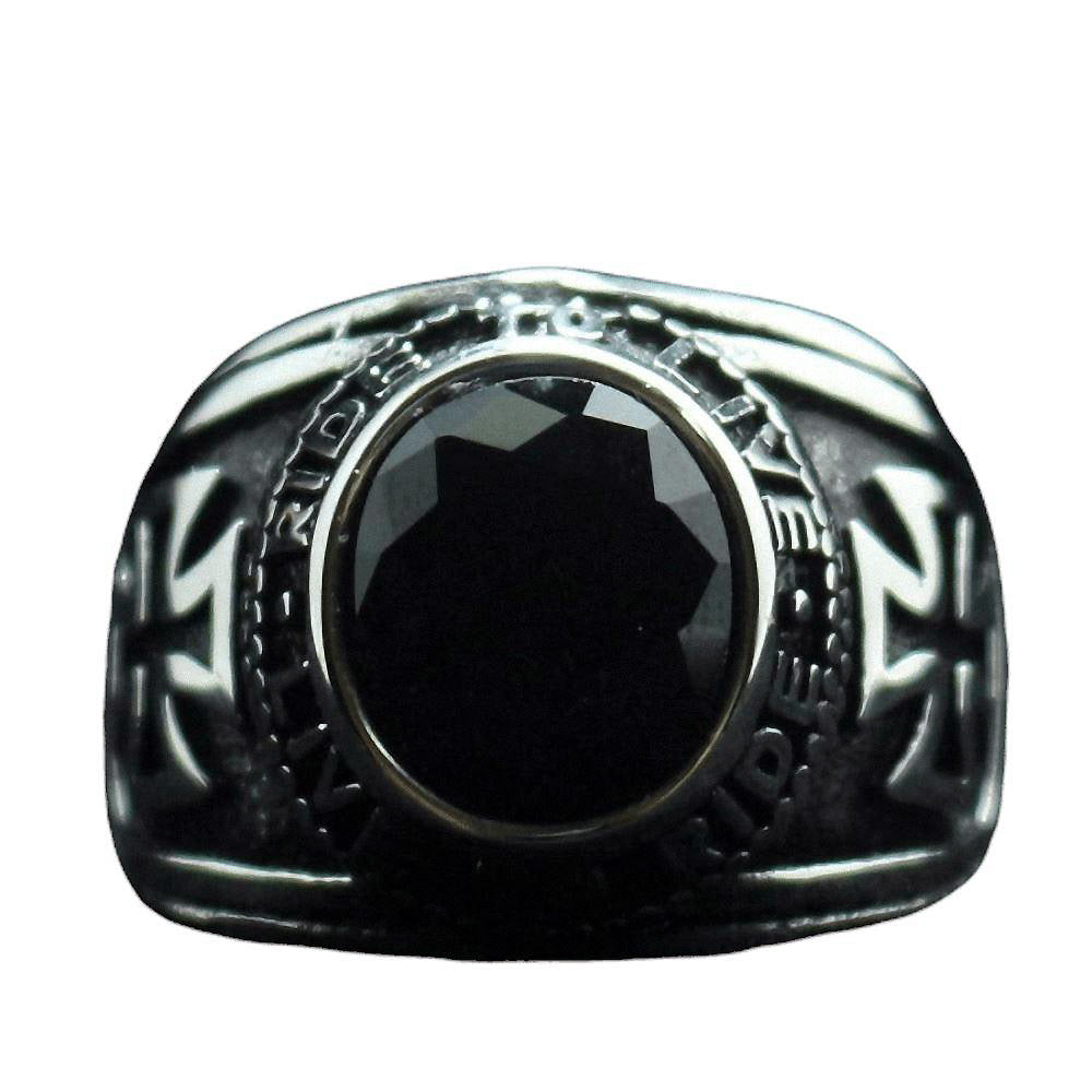 Unisex stainless steel biker ring with black stone and cross design, perfect for enhancing your jewelry collection.