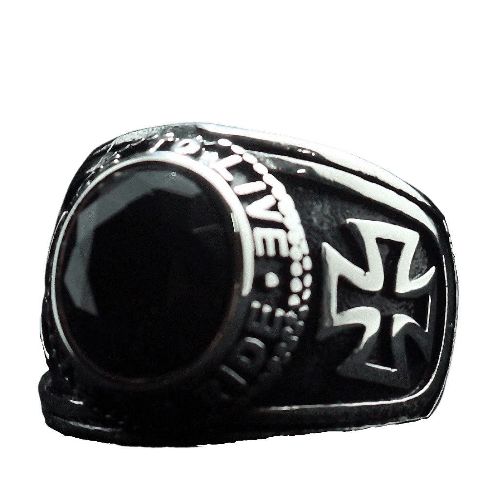 Unisex Stainless Steel Classic Biker Ring / Ride To Live, Live To Ride Cross Black Stone Ring - HARD'N'HEAVY