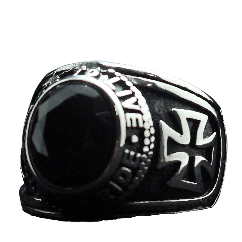 Unisex stainless steel biker ring with black stone and cross design, perfect for adding flair to any biker jewelry collection.