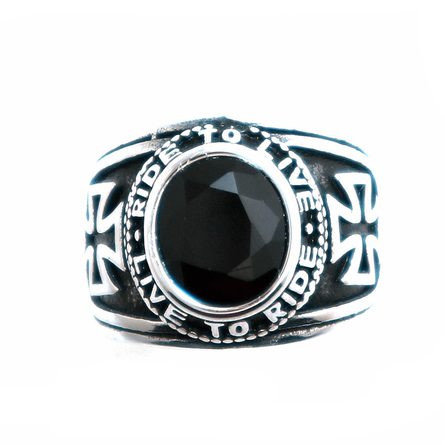 Unisex stainless steel classic biker ring with black stone and cross design, perfect for your jewelry collection.