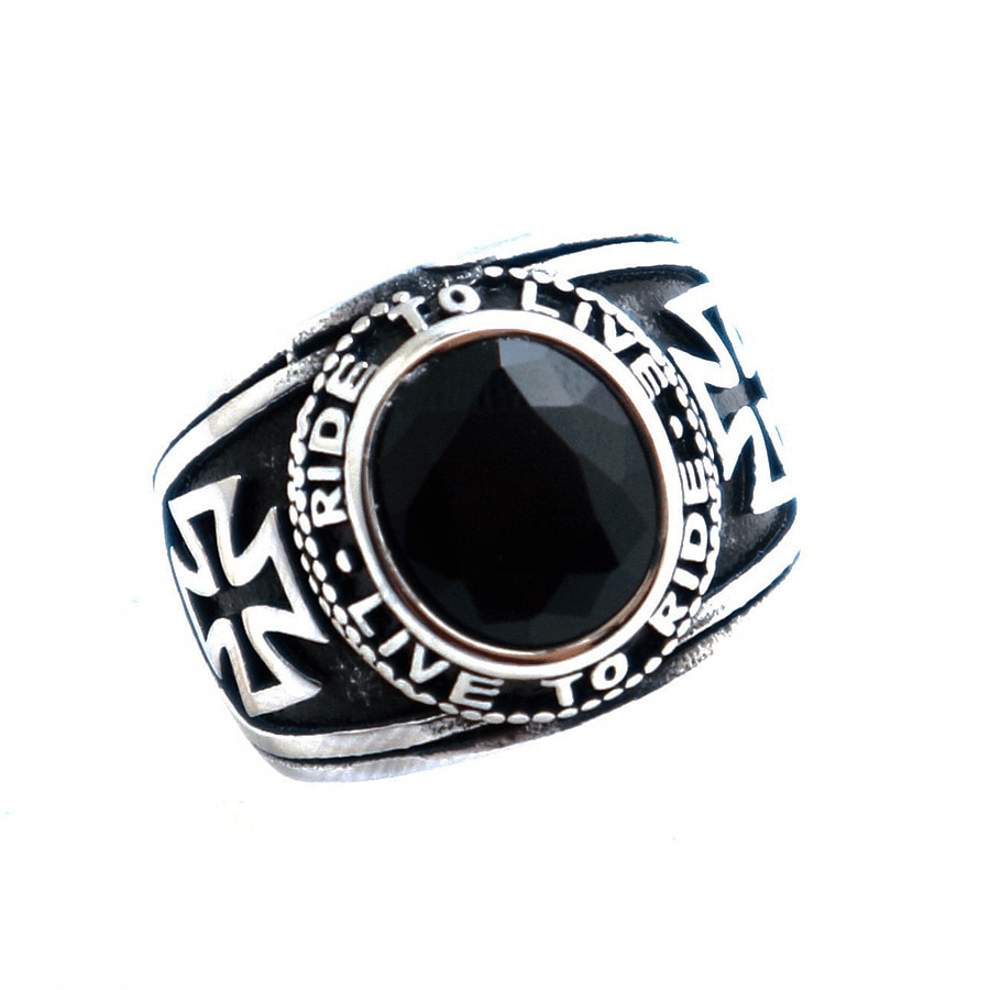 Unisex stainless steel biker ring with black stone and 'Ride To Live, Live To Ride' engraving, perfect for bikers.