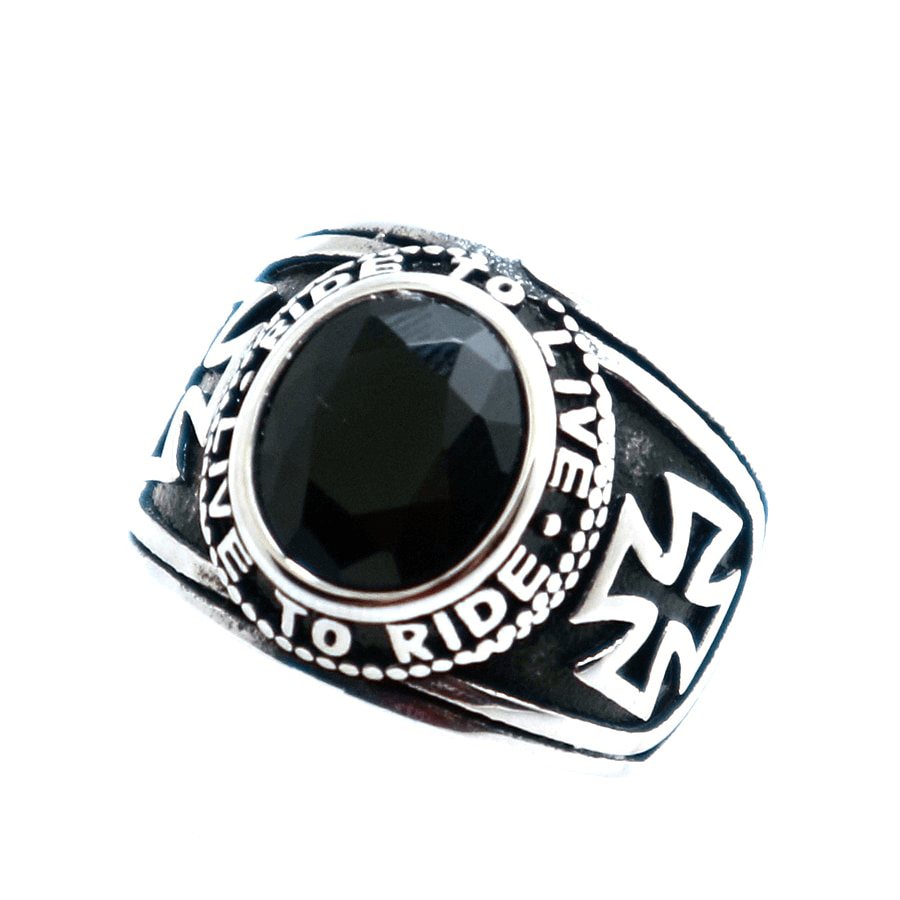 Unisex stainless steel classic biker ring with black stone and cross design, perfect for any biker jewelry collection.