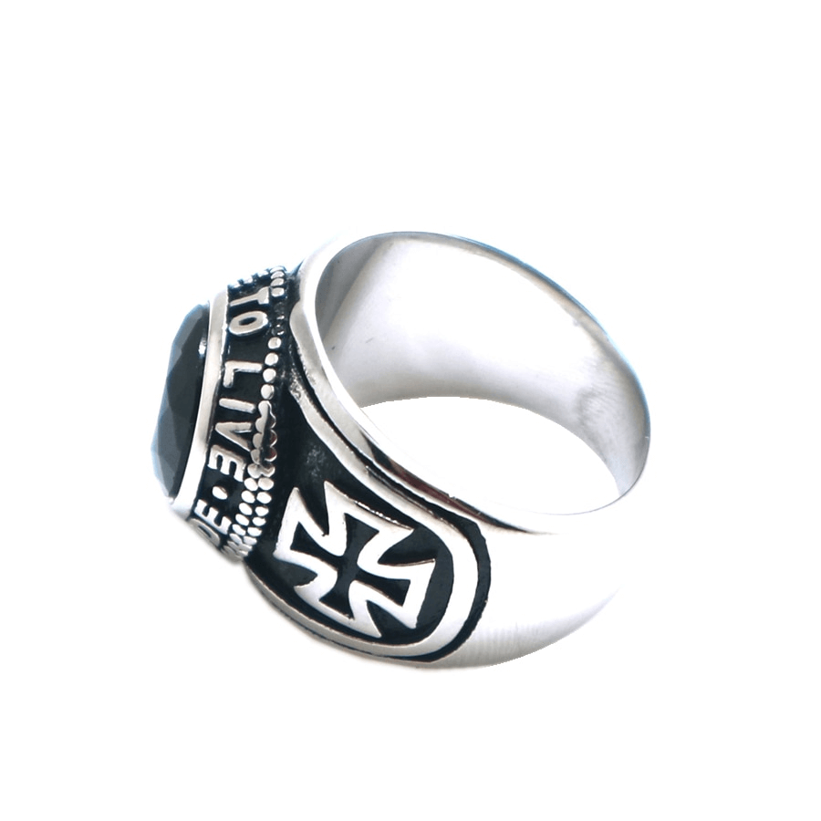 Unisex Stainless Steel Classic Biker Ring / Ride To Live, Live To Ride Cross Black Stone Ring - HARD'N'HEAVY