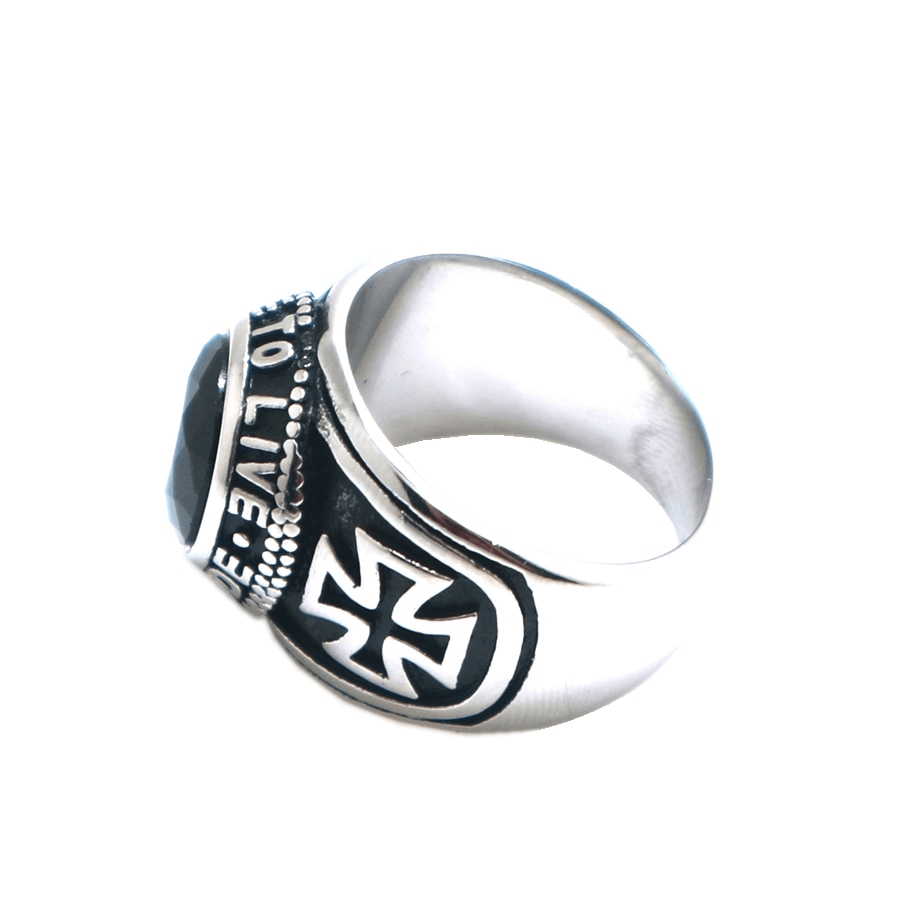 Unisex stainless steel biker ring featuring a black stone and cross design, perfect for bikers and jewelry lovers.