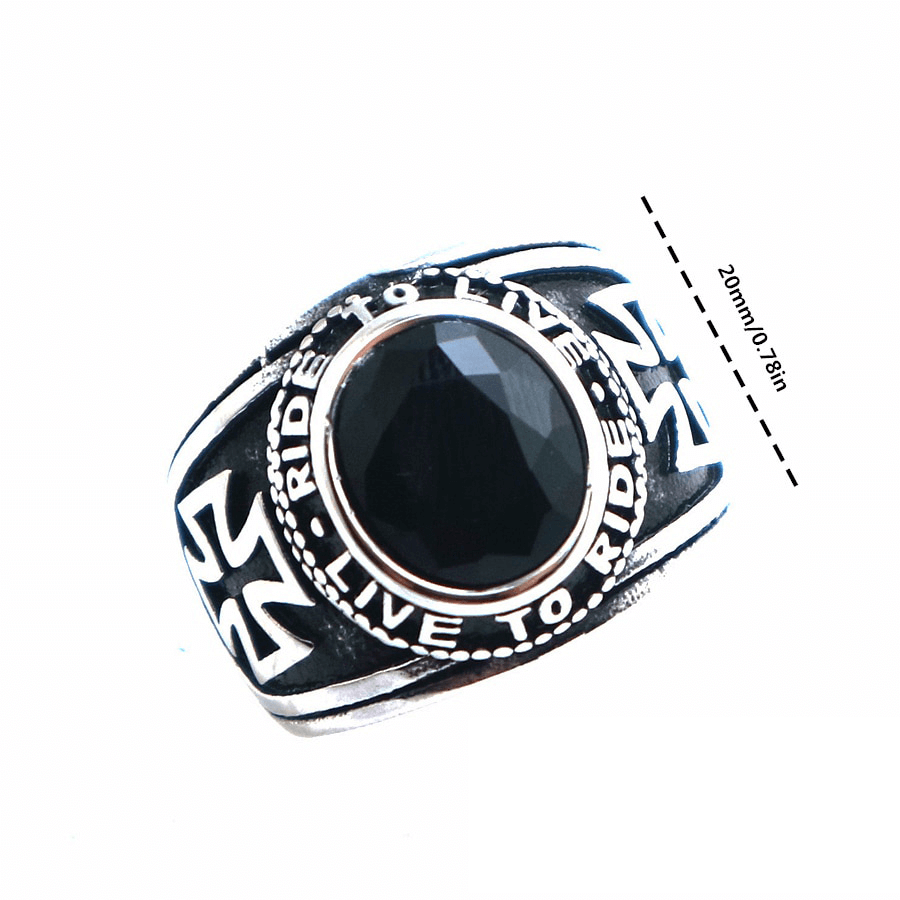 Unisex stainless steel classic biker ring featuring a black stone and 'Ride To Live, Live To Ride' engraving.