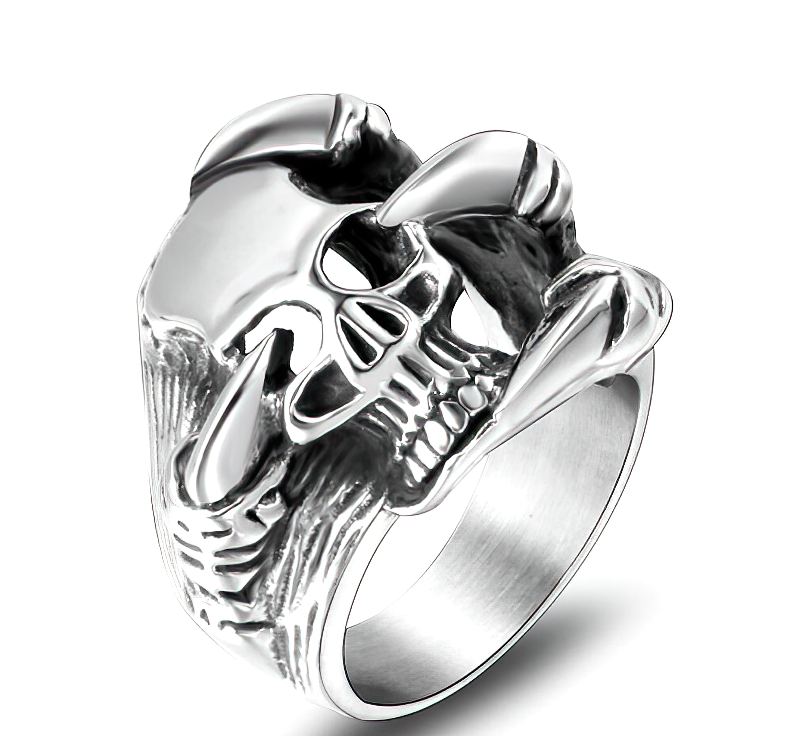 Unisex stainless steel gothic ring featuring a skull held by dragon claws, perfect for rock and biker styles.