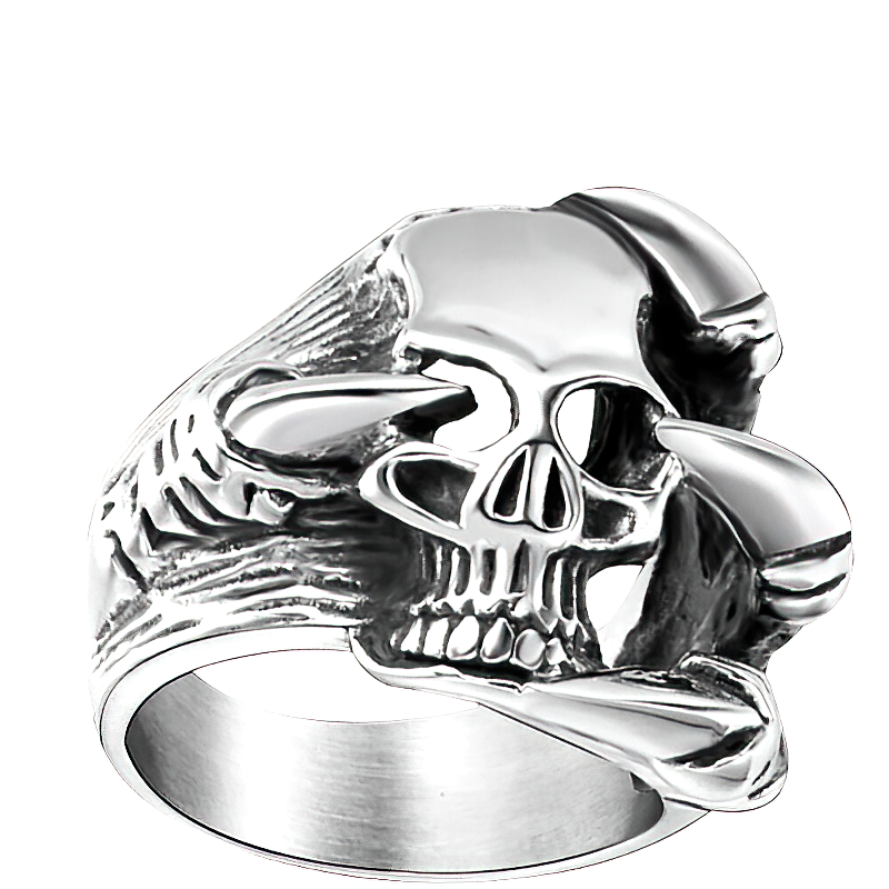 Unisex stainless steel gothic ring featuring a detailed skull held by dragon paws, perfect for rock or biker styles.