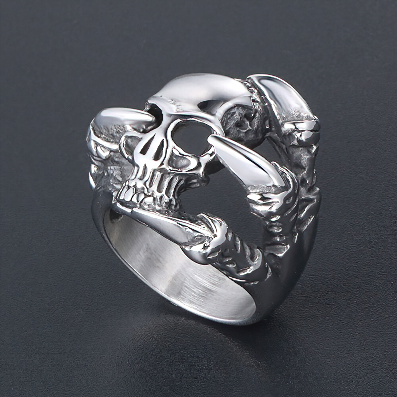 Unisex stainless steel gothic ring featuring a skull gripped by dragon claws, perfect for rock and biker styles.