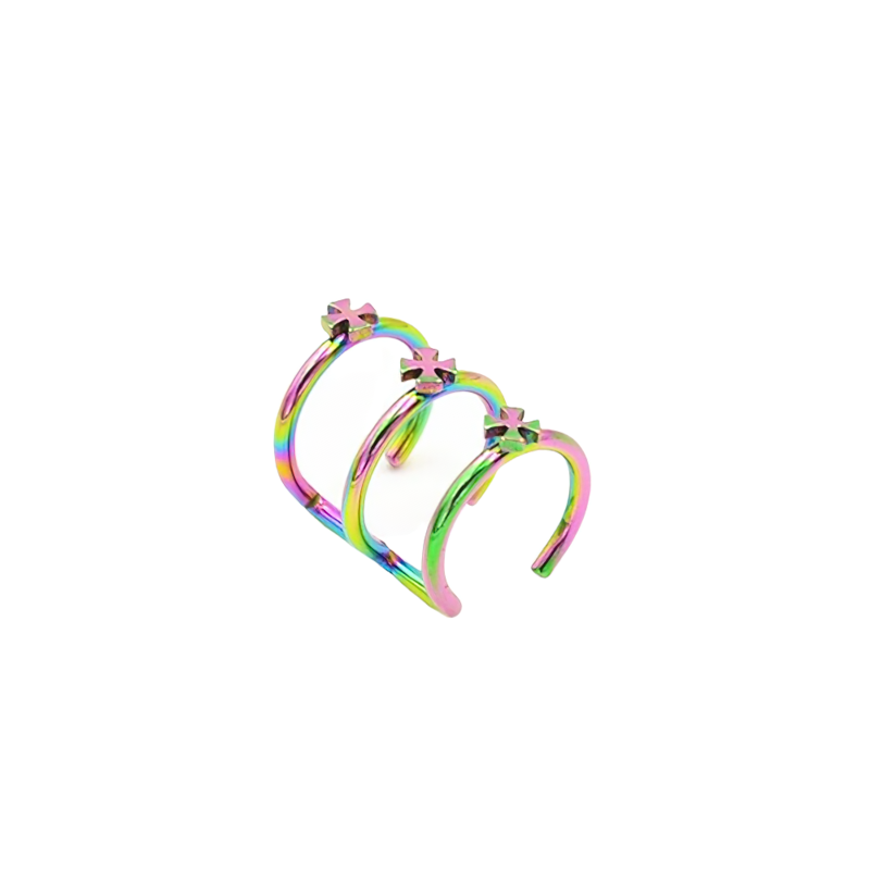 Unisex stainless steel piercing hoop with colorful rainbow finish and cross design, perfect for rock style jewelry.