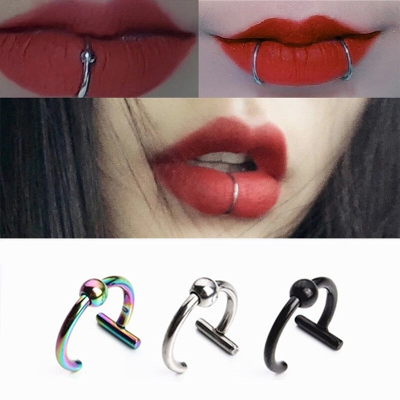 Trendy unisex stainless steel body piercings in various colors showcased on stylish lips.