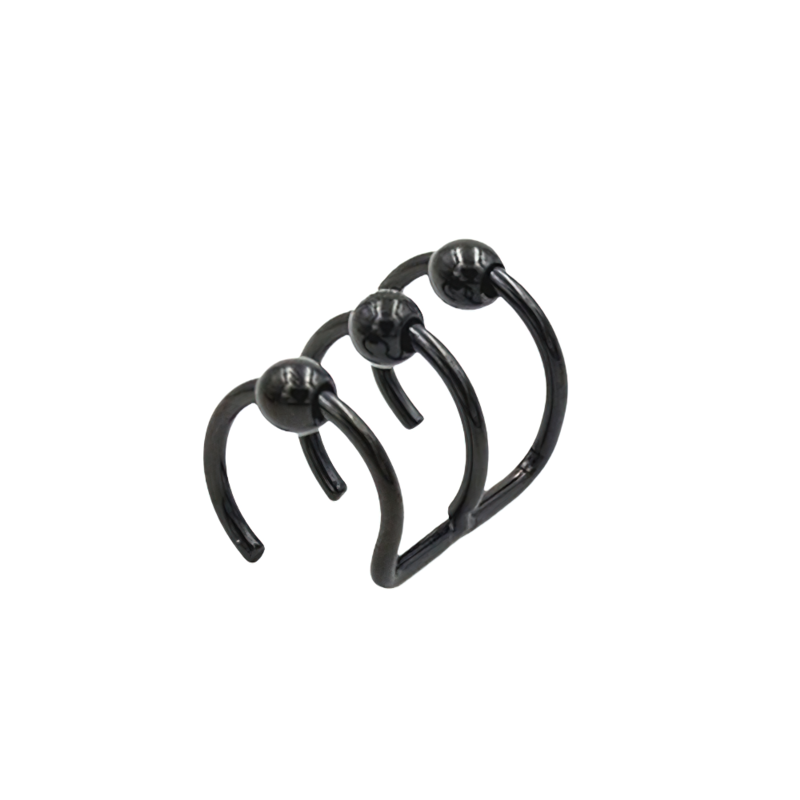 Unisex stainless steel rock-style piercing jewelry in black, featuring three hoops with spherical accents.