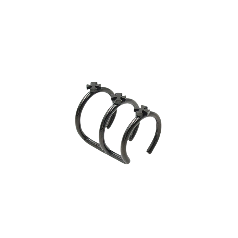 Unisex stainless steel piercing in black with a cool vintage rock style, featuring three linked hoops and cross accents.