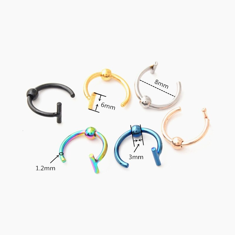 Colorful unisex stainless steel piercings in various sizes and styles, including black, gold, silver, and blue options.