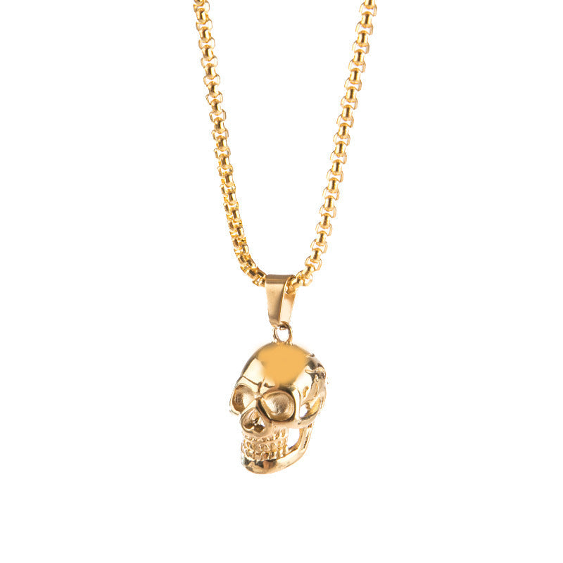 Gold stainless steel skull necklace on an O-chain for a bold biker rock style look.