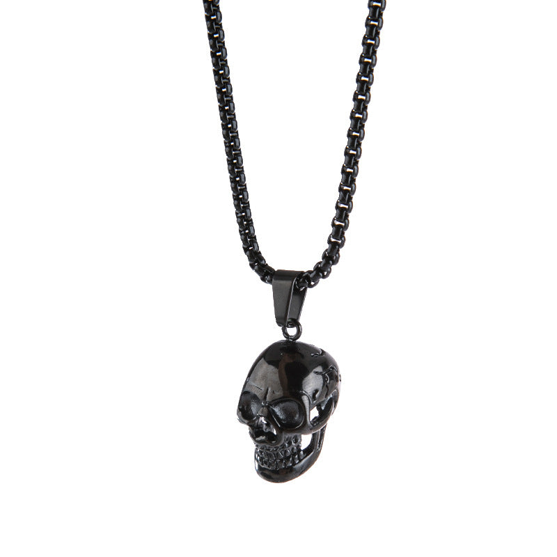 Unisex black stainless steel skull necklace with O-chain, perfect for rock accessories and biker style.