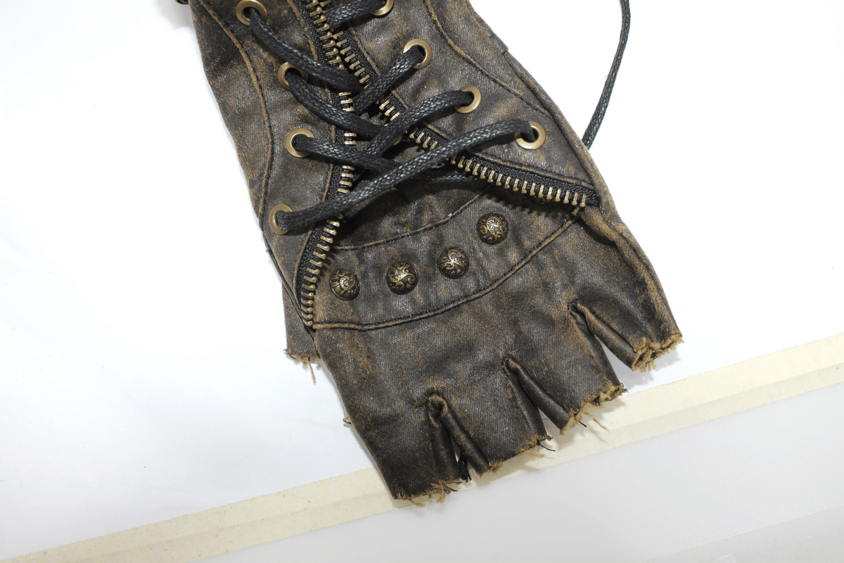 Unisex Steampunk Fingerless Gauntlet Gloves / Vintage Brown Gloves with Buckled Straps & Lacing - HARD'N'HEAVY
