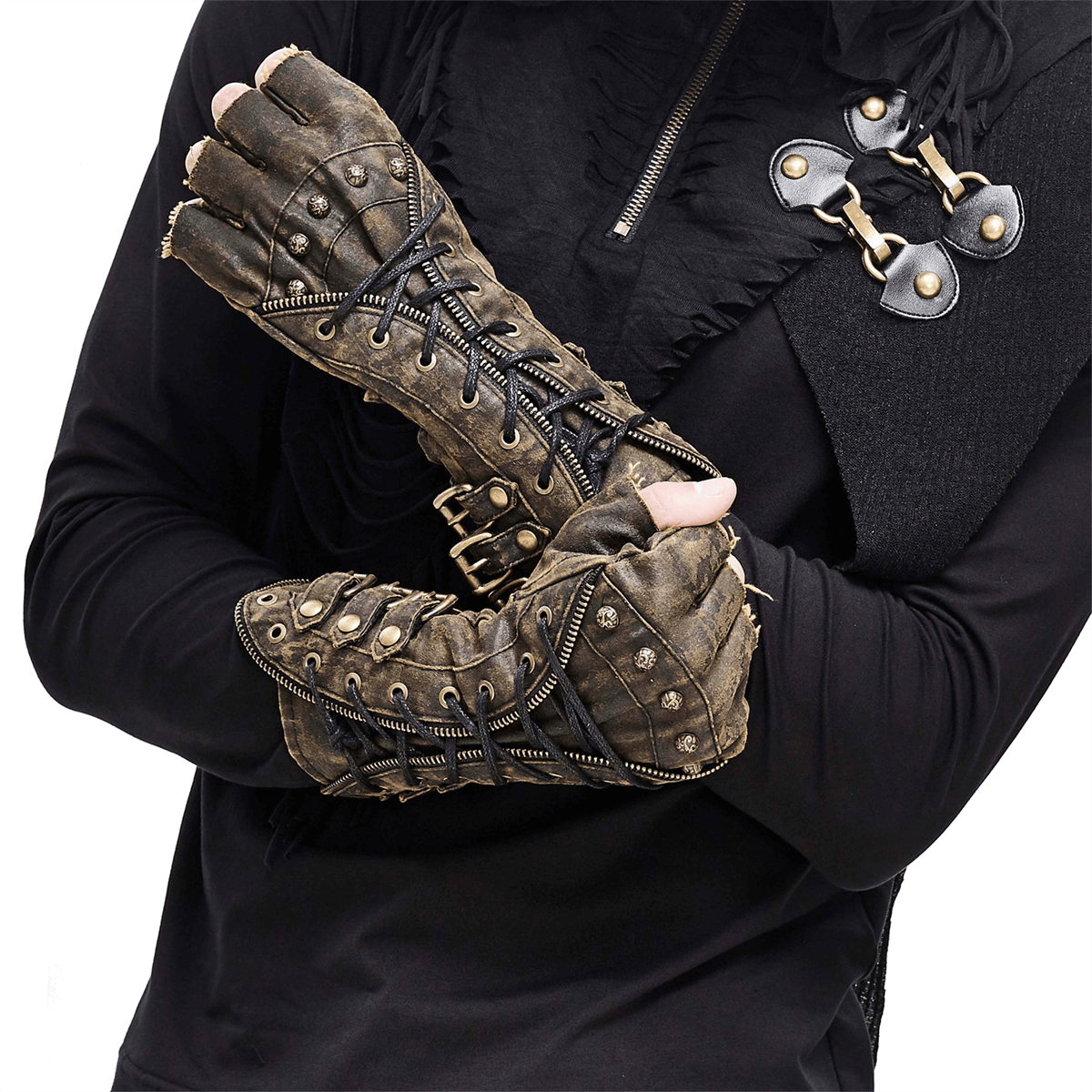 Unisex Steampunk Fingerless Gauntlet Gloves / Vintage Brown Gloves with Buckled Straps & Lacing - HARD'N'HEAVY
