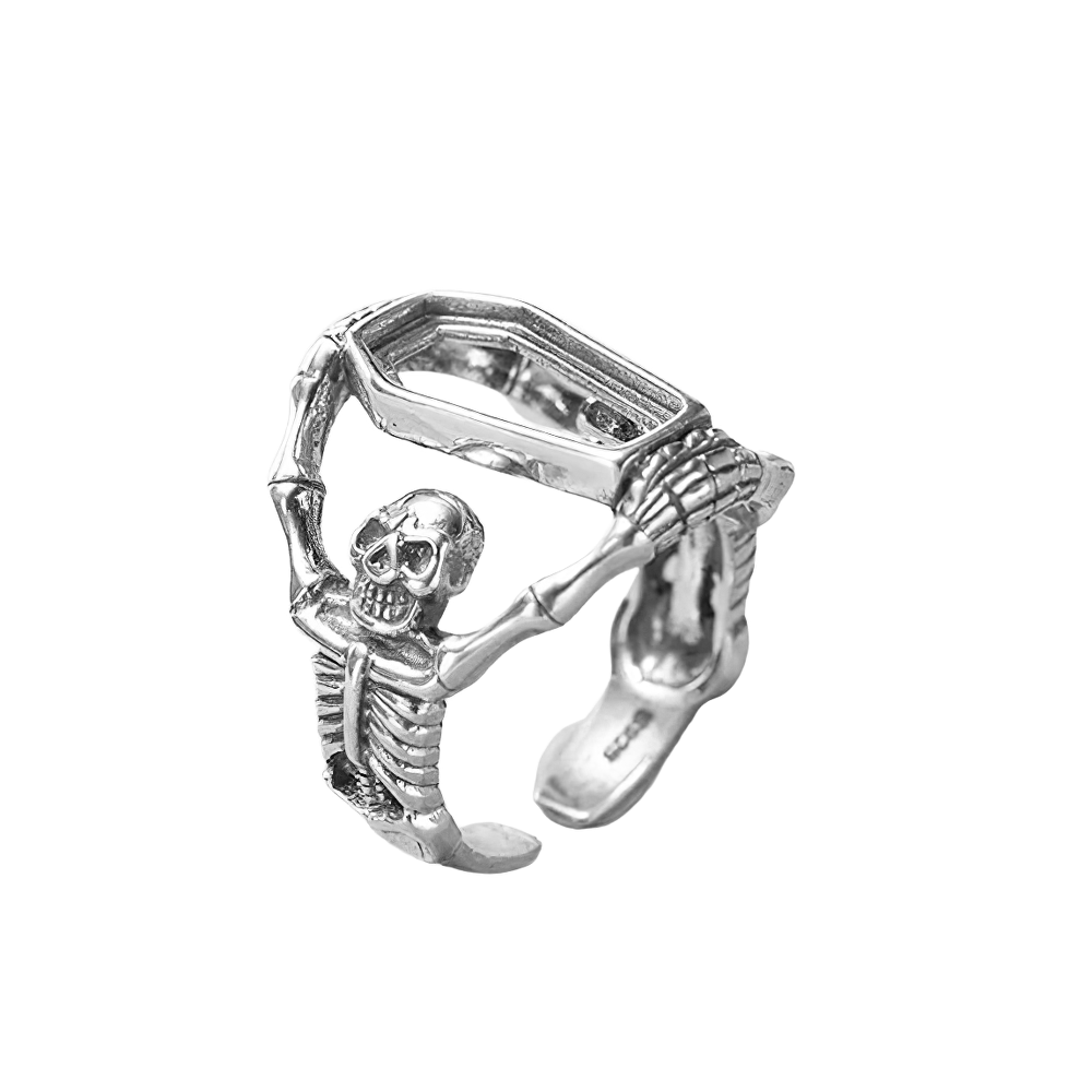 Unisex Sterling Silver Ring / Punk Style Silver Skeletons Jewelry / Silver Skulls With Coffin Ring - HARD'N'HEAVY