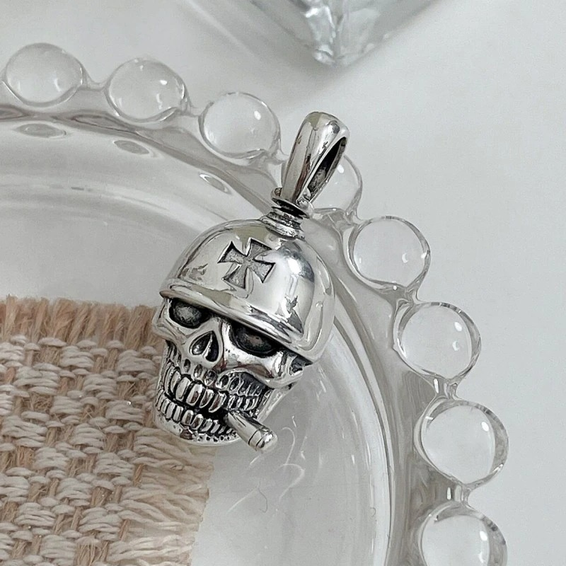Unisex vintage punk sterling silver skeleton pendant with a detailed skull and helmet design.