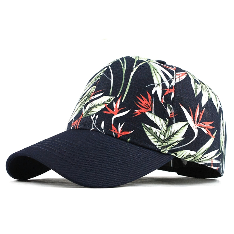 Unisex stylish baseball cap with vibrant floral print on a navy background, perfect for casual street style.