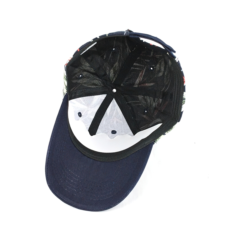 Top view of a unisex stylish baseball cap featuring vibrant floral print and breathable mesh lining, perfect for casual outings.