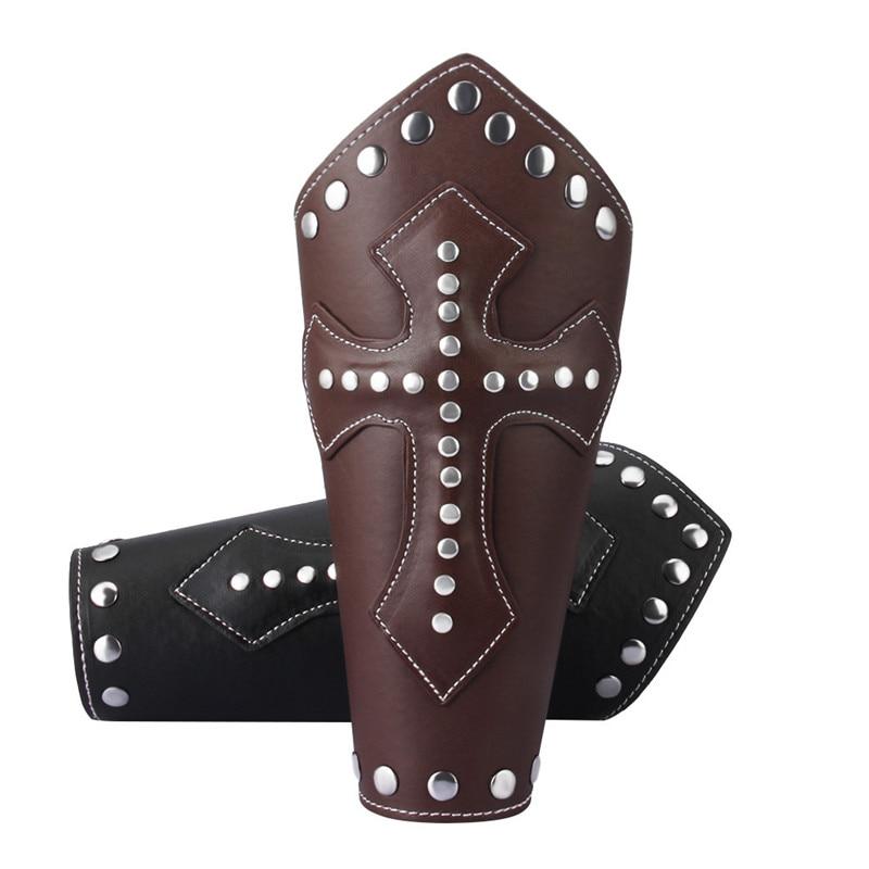 Unisex Templar Knights leather wristband in brown and black with cross design and silver studs for medieval cosplay.