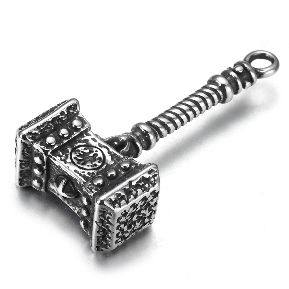 Unisex Viking pendant shaped like Mjolnir, vintage stainless steel jewelry for Thor fans and cosplay outfits.
