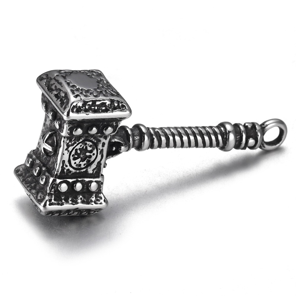 Unisex Viking pendant shaped like Mjolnir, detailed stainless steel hammer for cosplay and alternative fashion.
