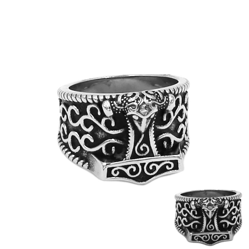 Unisex Viking ring featuring Thor's hammer and Celtic knot design, crafted from durable stainless steel.