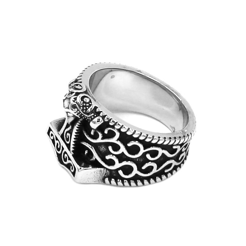 Unisex Viking ring featuring Thor's hammer and Celtic knot design, crafted in detailed stainless steel.