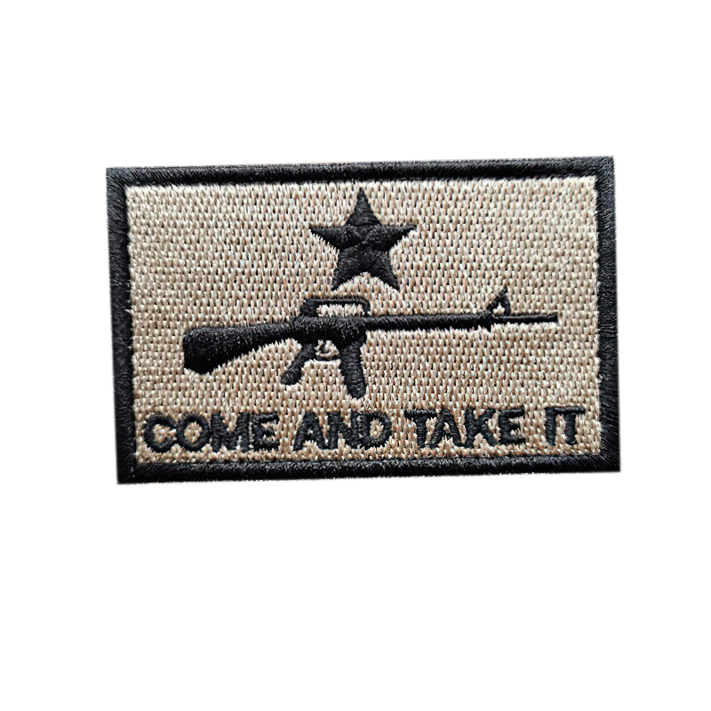 Khaki embroidered unisex military patch featuring a gun machine and the phrase 'Come and Take It'.