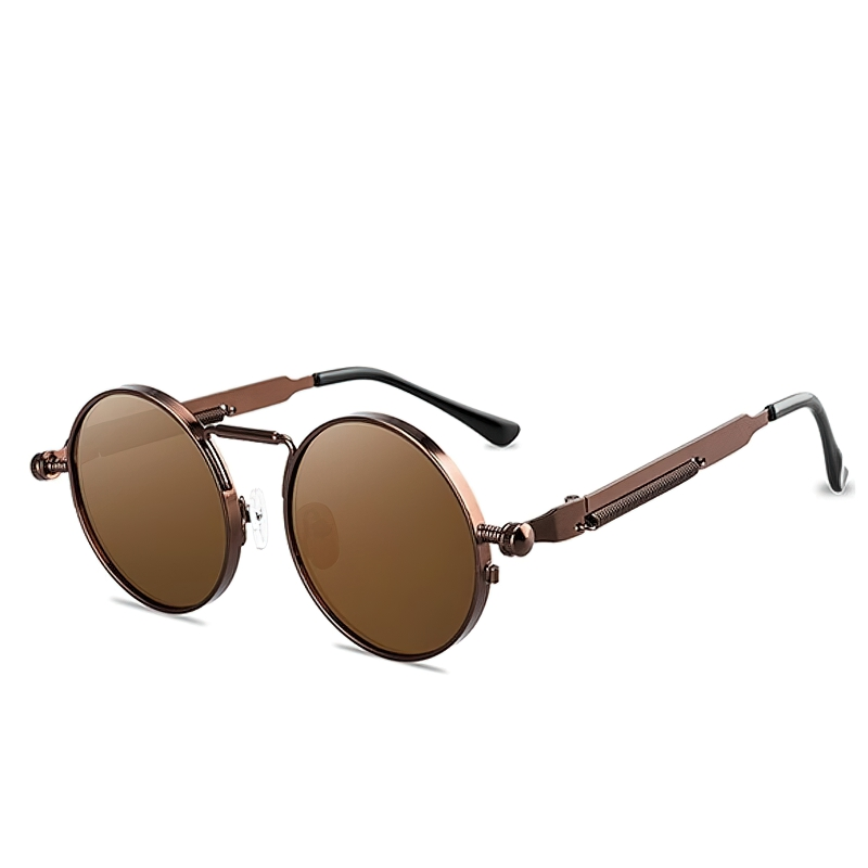 Unisex vintage round metal frame sunglasses in brown, stylish retro accessory for casual outings.